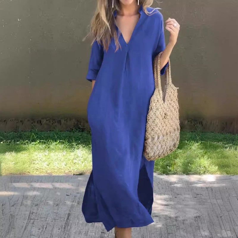 Fionja - Leinen Freizeitkleid Mit V-Ausschnitt