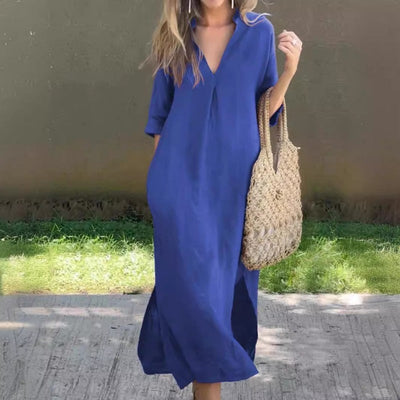 Fionja - Leinen Freizeitkleid Mit V-Ausschnitt
