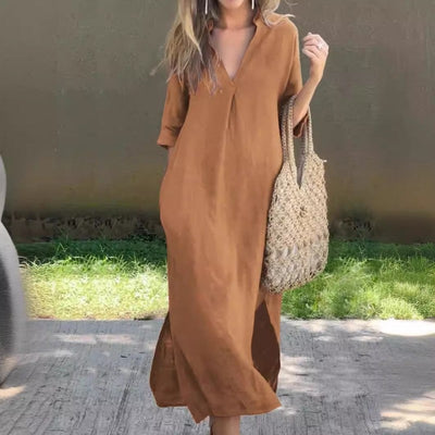 Fionja - Leinen Freizeitkleid Mit V-Ausschnitt