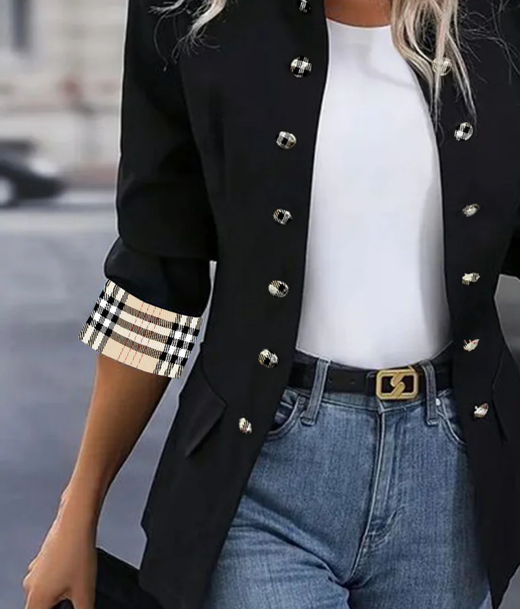 Amélee - Moderne Schwarz Karierte Jacke mit Langen Ärmeln