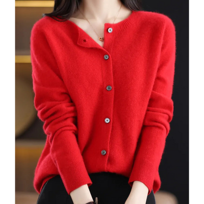 Luxuriöse Damenstrickjacke mit O-Ausschnitt aus Merinowolle in seidenweicher Kaschmir-Optik