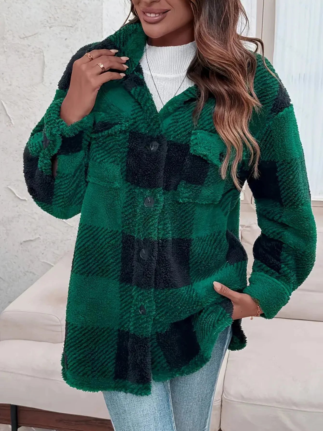 Damen-Freizeitjacke aus Fleece | Karomuster mit Knopfleiste vorne