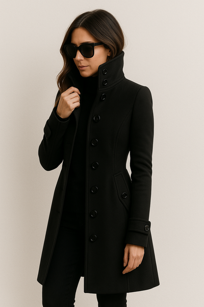 Damenmantel mit Stehkragen und Knopfleiste Figur