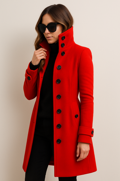 Damenmantel mit Stehkragen und Knopfleiste Figur