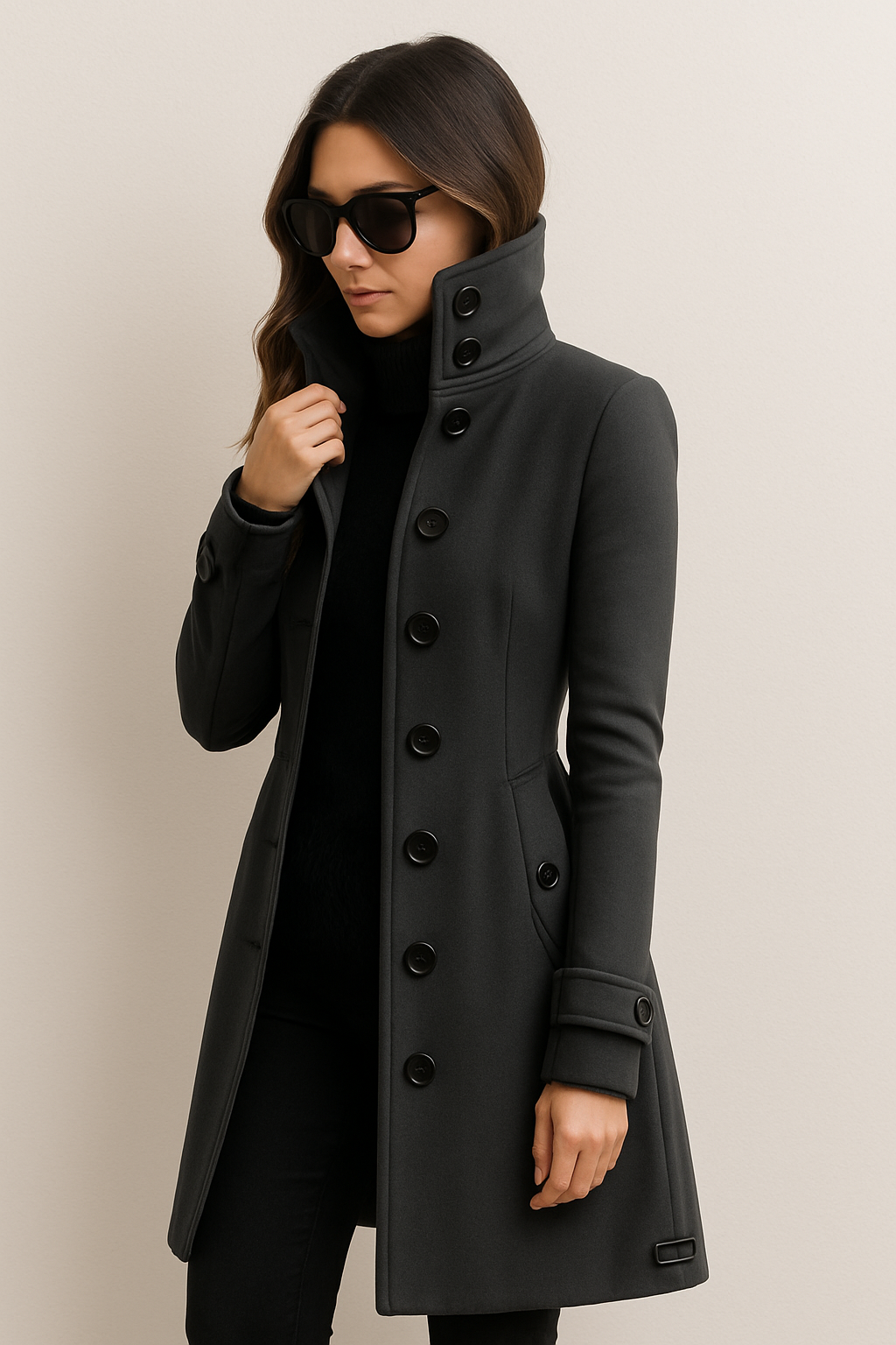 Damenmantel mit Stehkragen und Knopfleiste Figur