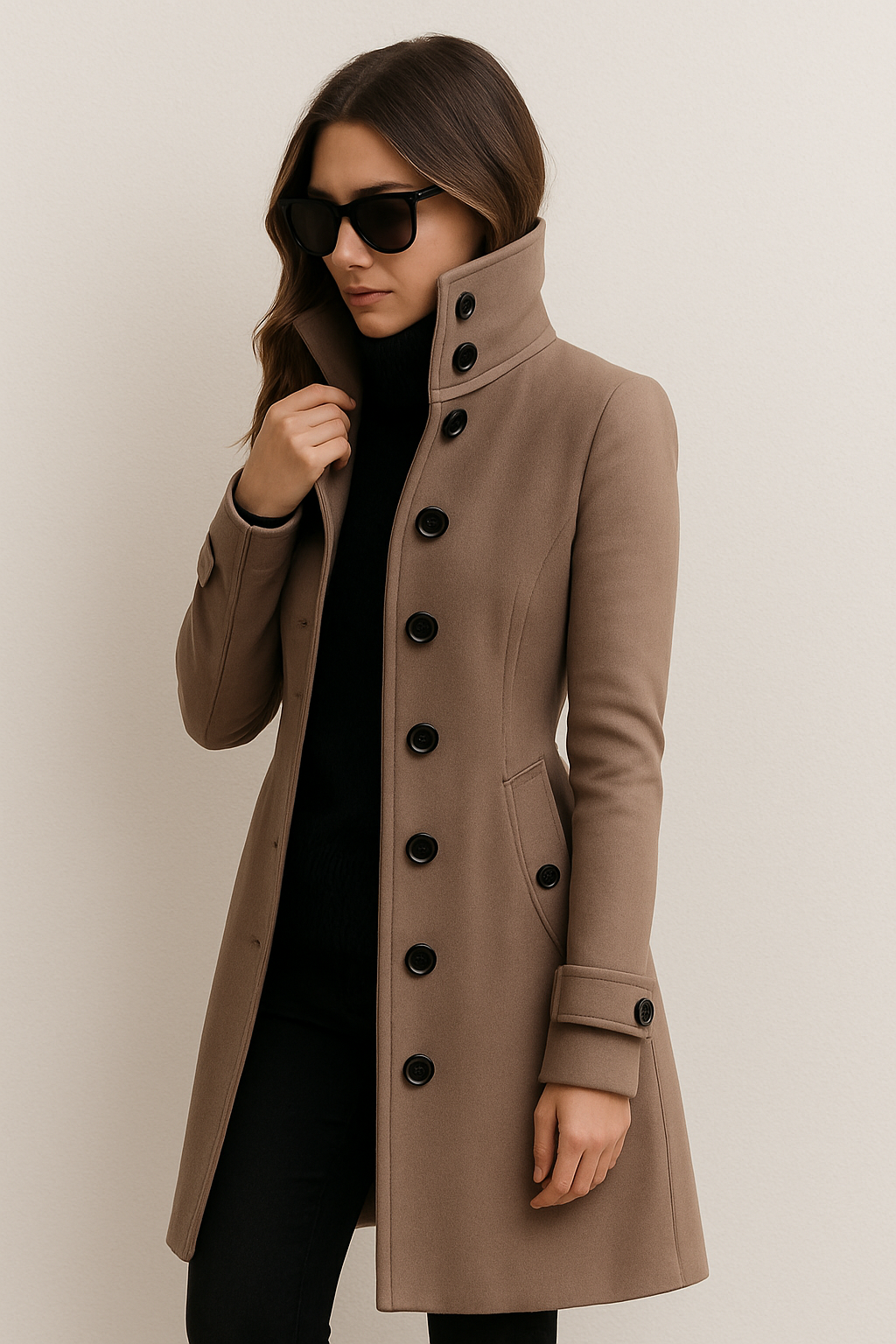 Damenmantel mit Stehkragen und Knopfleiste Figur
