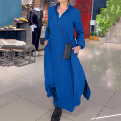 Damen elegantes und lässiges Hemdkleid mit Seitentaschen Fudus
