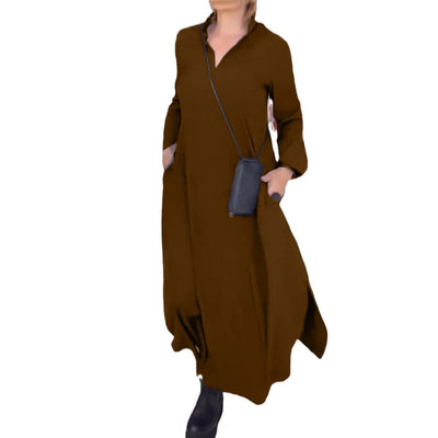 Damen elegantes und lässiges Hemdkleid mit Seitentaschen Fudus