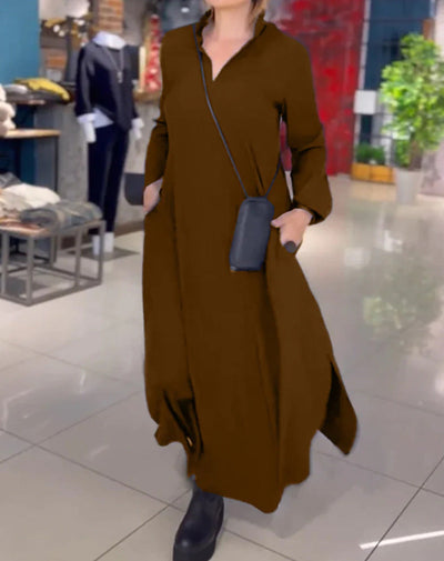 Damen elegantes und lässiges Hemdkleid mit Seitentaschen Fudus