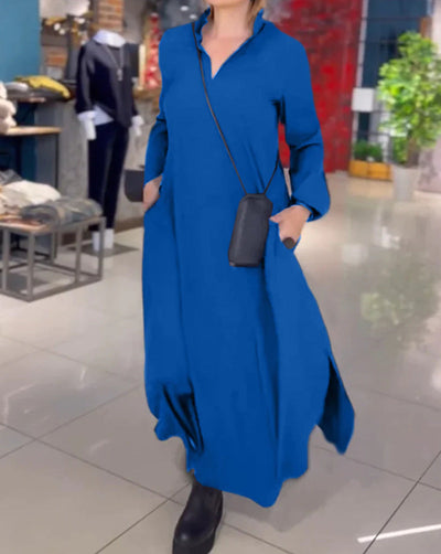 Damen elegantes und lässiges Hemdkleid mit Seitentaschen Fudus