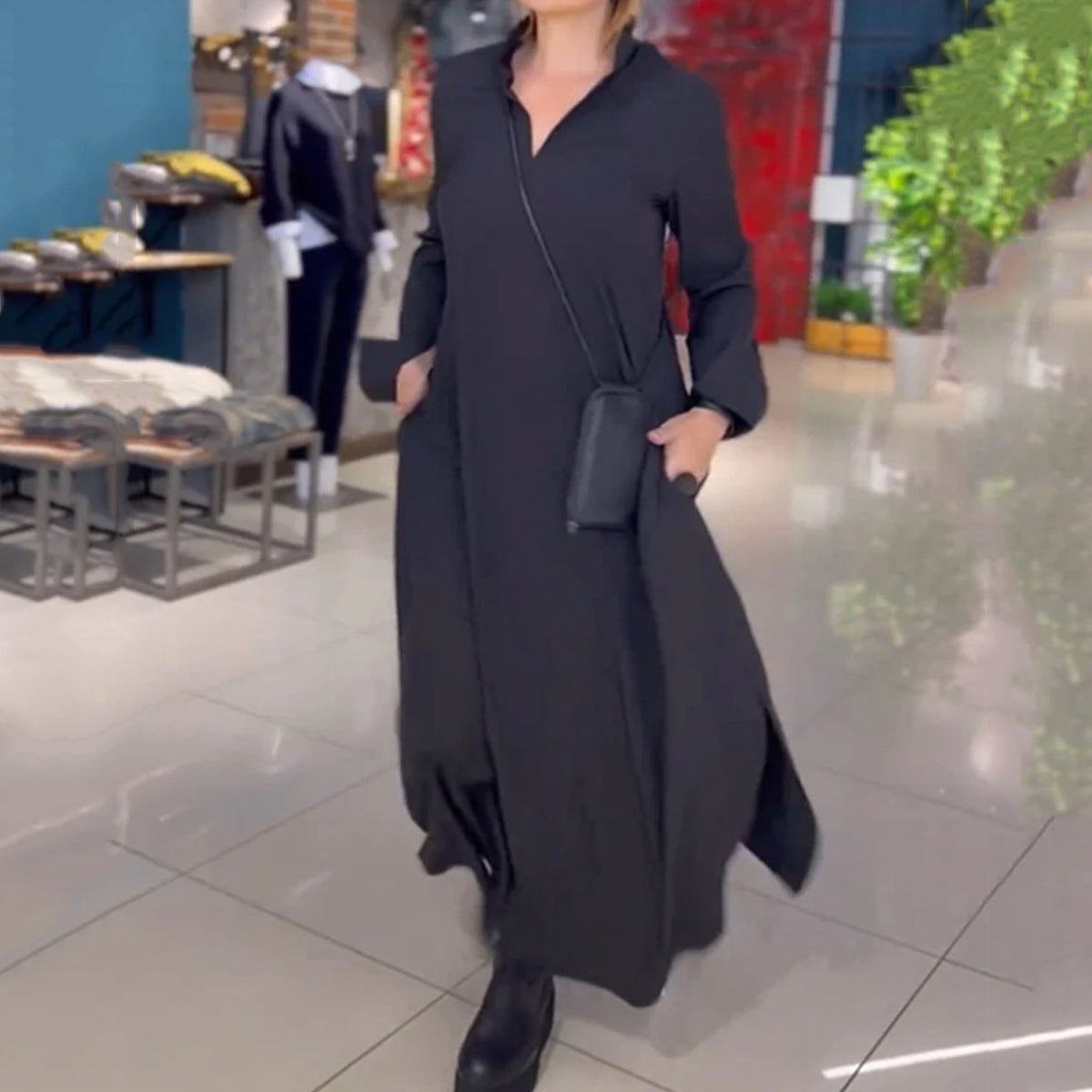 Damen elegantes und lässiges Hemdkleid mit Seitentaschen Fudus