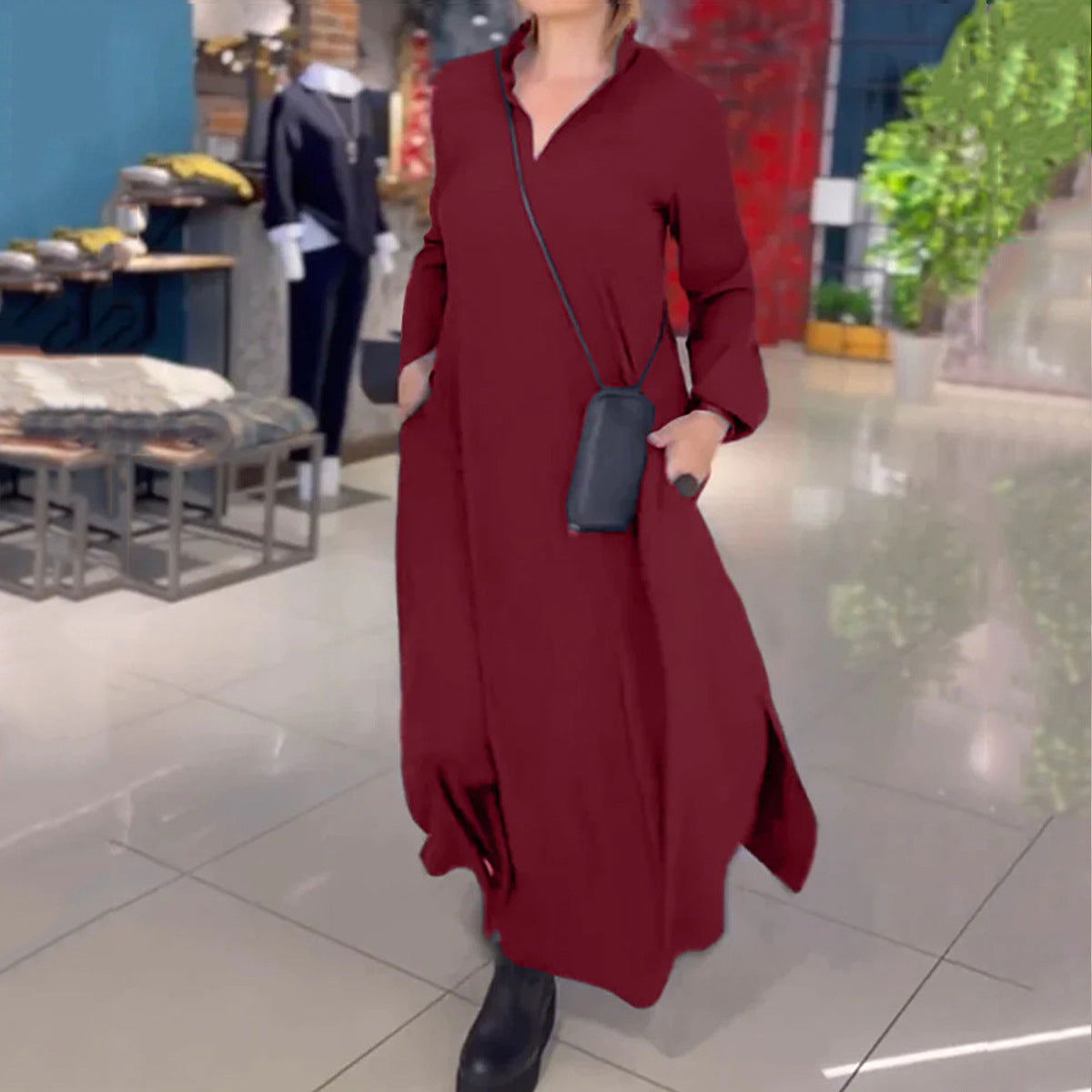 Damen elegantes und lässiges Hemdkleid mit Seitentaschen Fudus