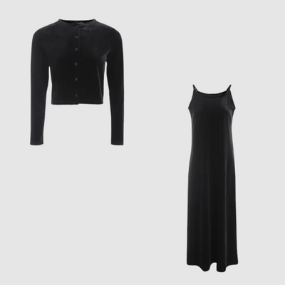 Jane - Elegantes Set aus Strickjacke und Kleid mit luxuriösen Samtträgern