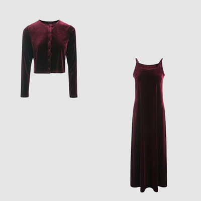 Jane - Elegantes Set aus Strickjacke und Kleid mit luxuriösen Samtträgern