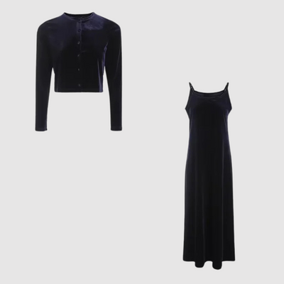 Jane - Elegantes Set aus Strickjacke und Kleid mit luxuriösen Samtträgern