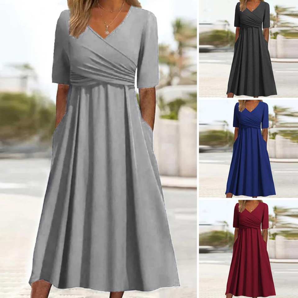 Nitha – Kurzarmkleid mit V-Ausschnitt und Kreuzfalten