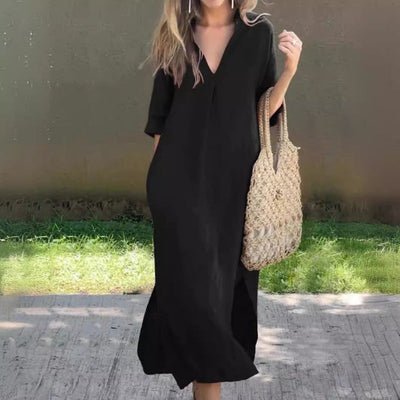 Fionja - Leinen Freizeitkleid Mit V-Ausschnitt