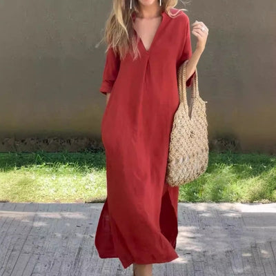 Fionja - Leinen Freizeitkleid Mit V-Ausschnitt