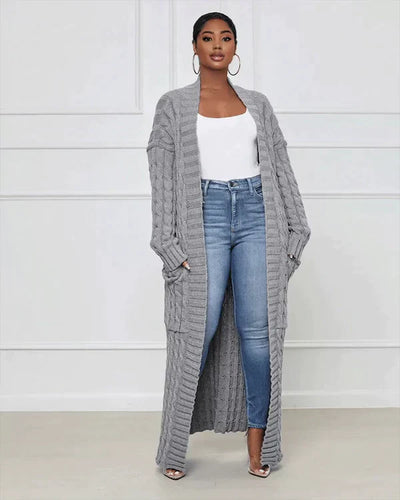 Theodora - Trendy V-Ausschnitt Lässige lange Strickjacke