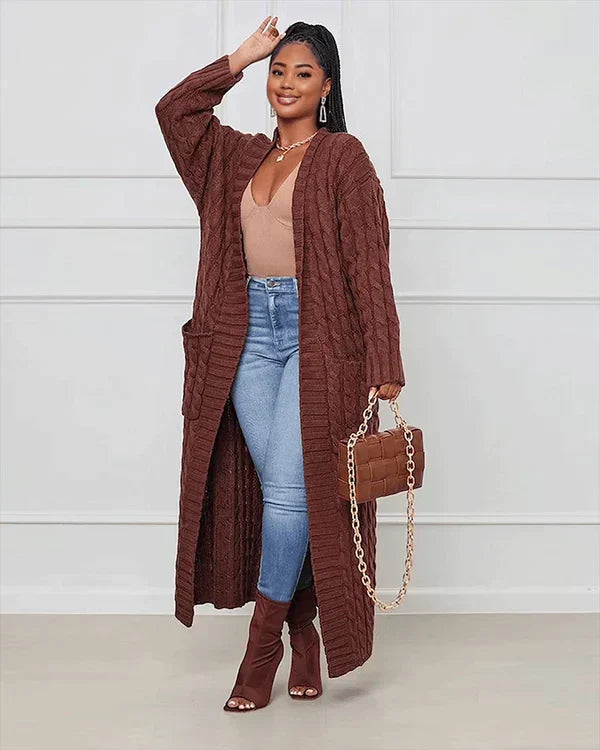 Theodora - Trendy V-Ausschnitt Lässige lange Strickjacke