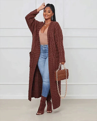 Theodora - Trendy V-Ausschnitt Lässige lange Strickjacke