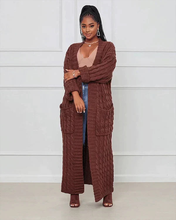 Theodora - Trendy V-Ausschnitt Lässige lange Strickjacke