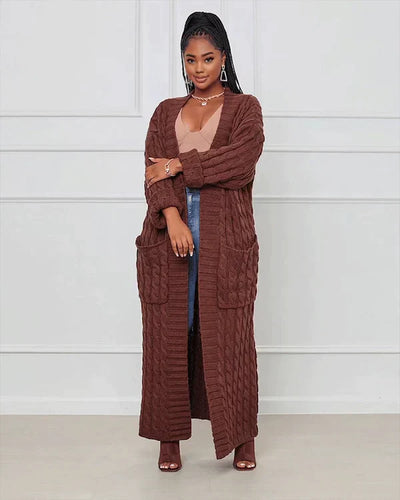 Theodora - Trendy V-Ausschnitt Lässige lange Strickjacke
