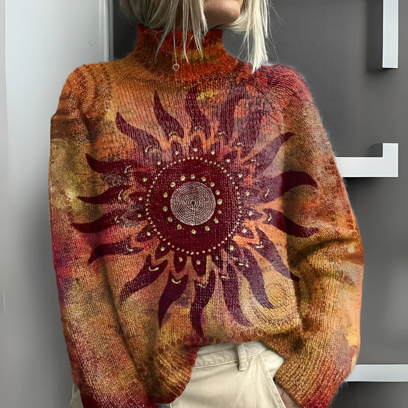 Eline - Warmer Strick-Rollkragenpullover mit Tribal-Sonne