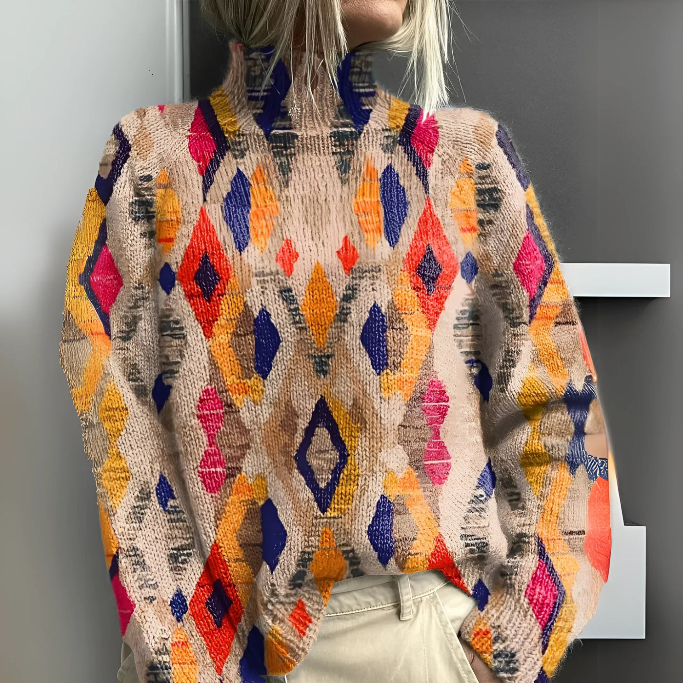 Finna - Gestrickter Rollkragenpullover mit geometrischen Karos